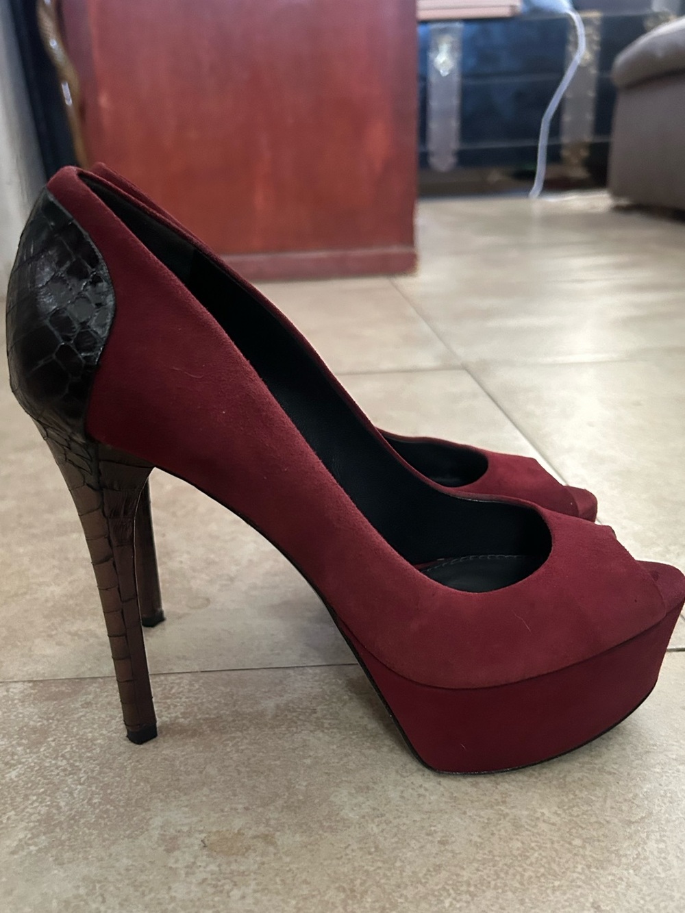 B Brian Atwood Burgundy Suede Peep-Toe Platform Pumps with Textured Heel